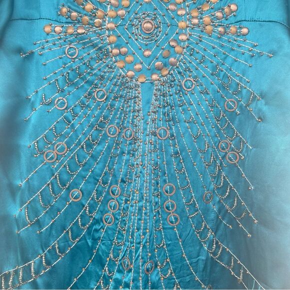 Nanette Lepore Darjeeling Teal Bronze Beaded Embellished Boho Silk Dress Size 12 - Picture 5 of 15